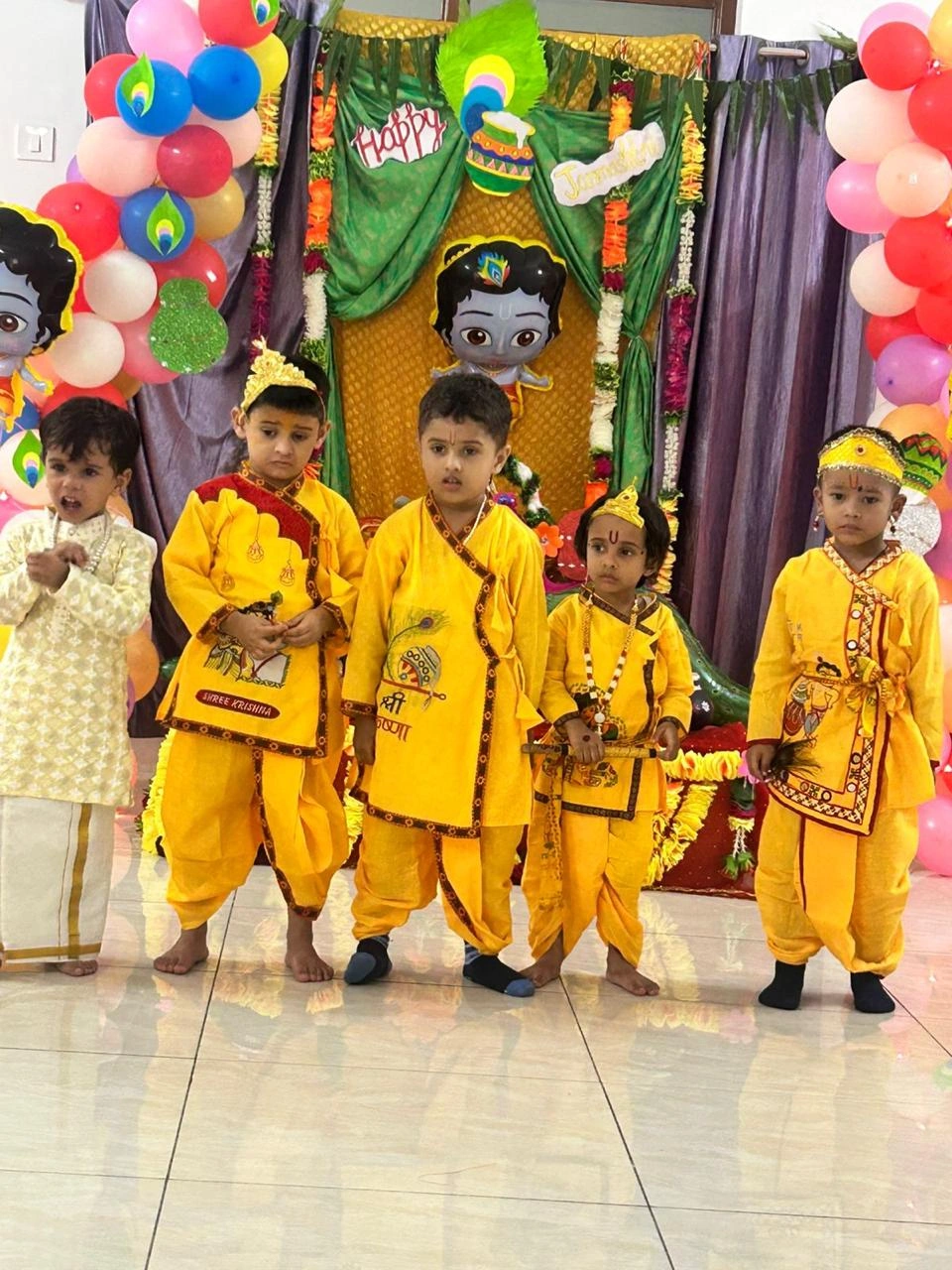 Young students dressed as Krishna for the Janmashtami celebration